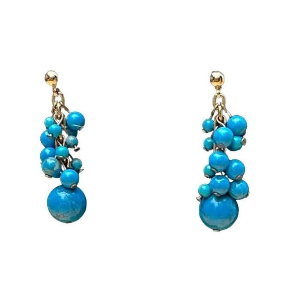 Handmade Dangle Drop Earrings Clustered Turquoise Colored Round Stones Pierced - Picture 2 of 4